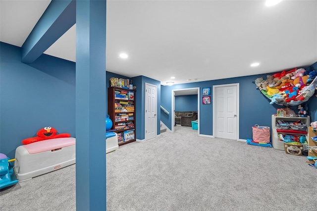 recreation room featuring carpet, baseboards, and recessed lighting