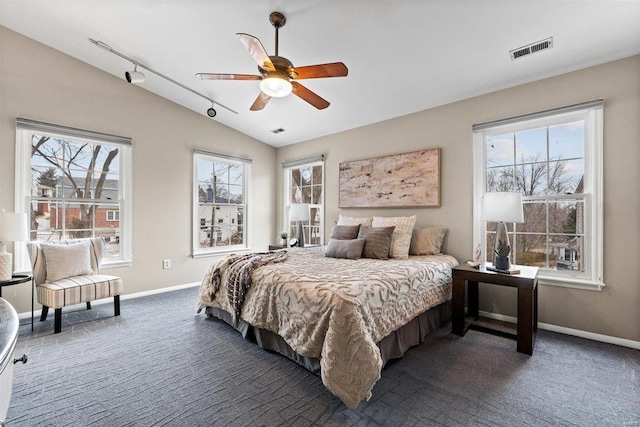 carpeted bedroom with multiple windows, lofted ceiling, ceiling fan, and track lighting