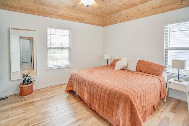 bedroom with ceiling fan, light hardwood / wood-style floors, vaulted ceiling, and wooden ceiling