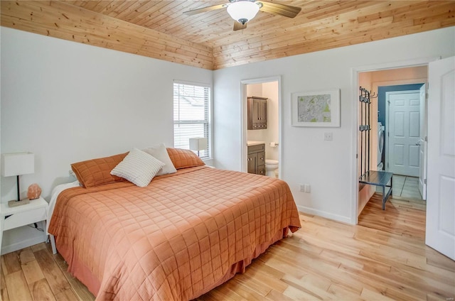 bedroom featuring lofted ceiling, light hardwood / wood-style flooring, connected bathroom, and wood ceiling