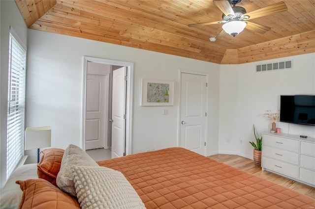 bedroom with vaulted ceiling, wooden ceiling, ceiling fan, and light hardwood / wood-style flooring