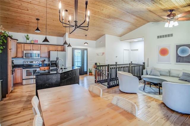 dining space featuring light hardwood / wood-style flooring, high vaulted ceiling, wooden ceiling, ceiling fan with notable chandelier, and sink