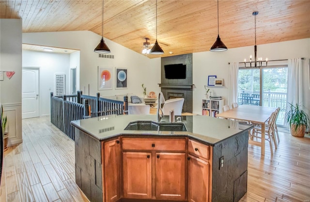 kitchen with pendant lighting, sink, wooden ceiling, and a kitchen island with sink