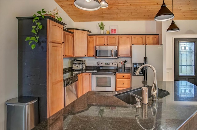 kitchen featuring sink, stainless steel appliances, pendant lighting, and wood ceiling