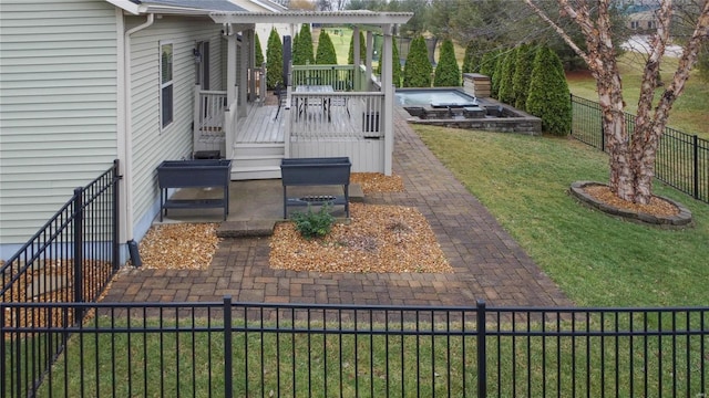 view of yard with a deck and a pergola