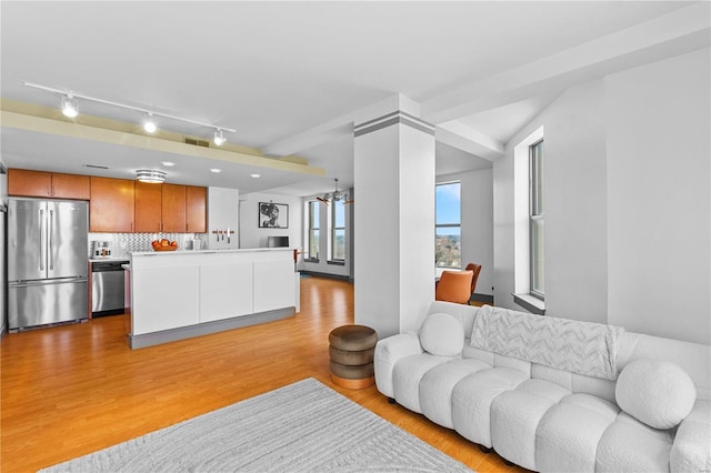 living room with decorative columns and light hardwood / wood-style flooring