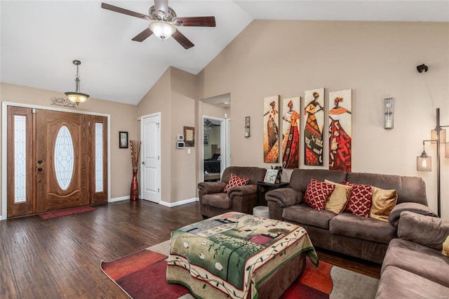 living room with high vaulted ceiling, dark hardwood / wood-style floors, and ceiling fan