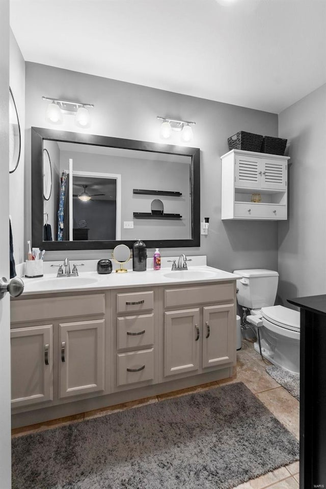 bathroom featuring ceiling fan, vanity, and toilet