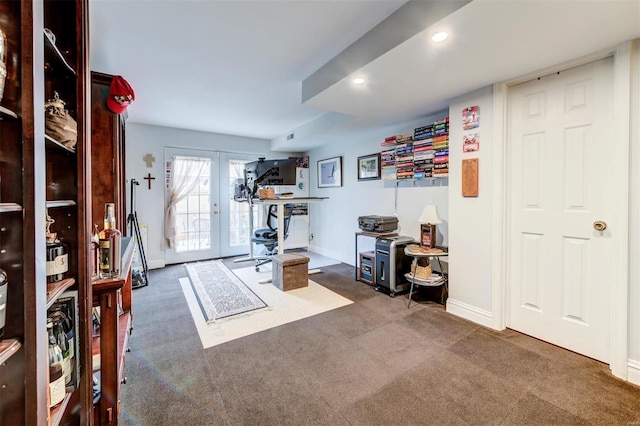 workout room with recessed lighting, baseboards, dark colored carpet, and french doors