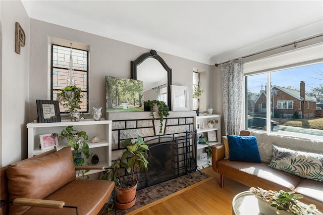 living area featuring a stone fireplace and wood finished floors