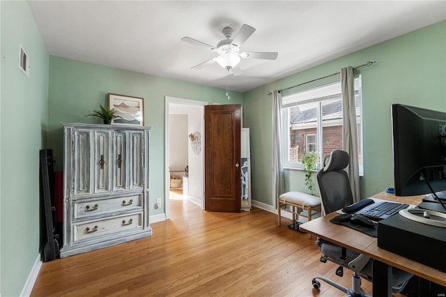 home office featuring light wood finished floors, visible vents, a ceiling fan, and baseboards