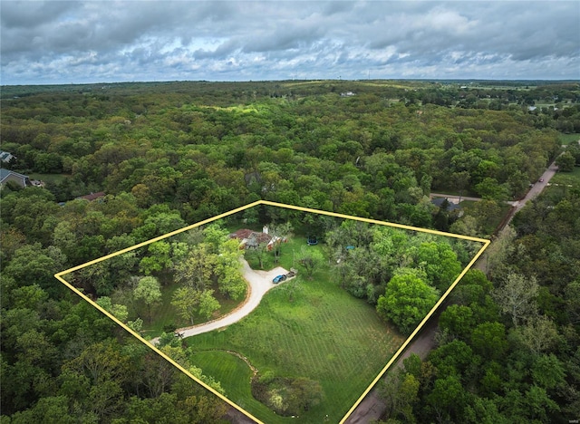 aerial view of property's location featuring a forest and property boundaries highlighted