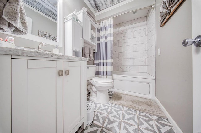 full bathroom featuring toilet, vanity, baseboards, and shower / bath combination with curtain
