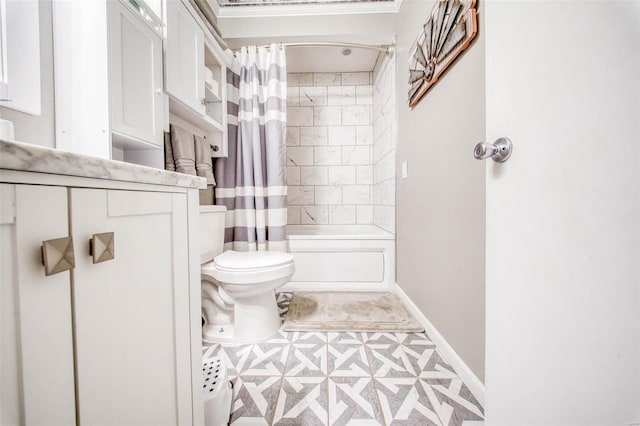 bathroom featuring toilet, baseboards, shower / tub combo, and tile patterned floors