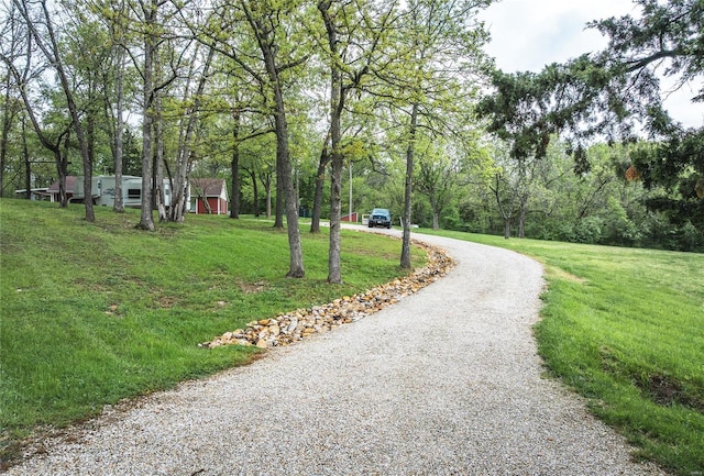 view of property's community featuring driveway and a lawn