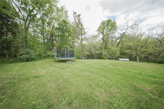 view of green lawn featuring a trampoline