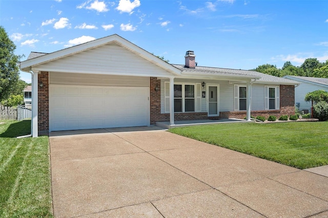 ranch-style home featuring a garage, a front yard, and a porch