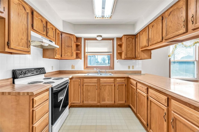 kitchen with range with electric stovetop, light floors, open shelves, a sink, and under cabinet range hood