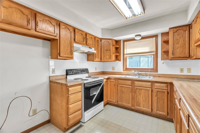 kitchen featuring light floors, open shelves, electric range, brown cabinetry, and under cabinet range hood