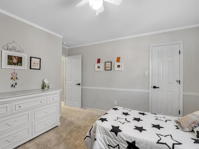 bedroom with light colored carpet, ceiling fan, and ornamental molding