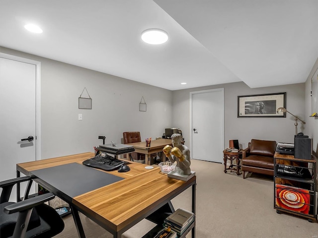 office featuring recessed lighting and light colored carpet