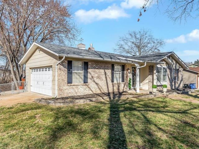 ranch-style home featuring brick siding, fence, a front yard, a chimney, and a garage