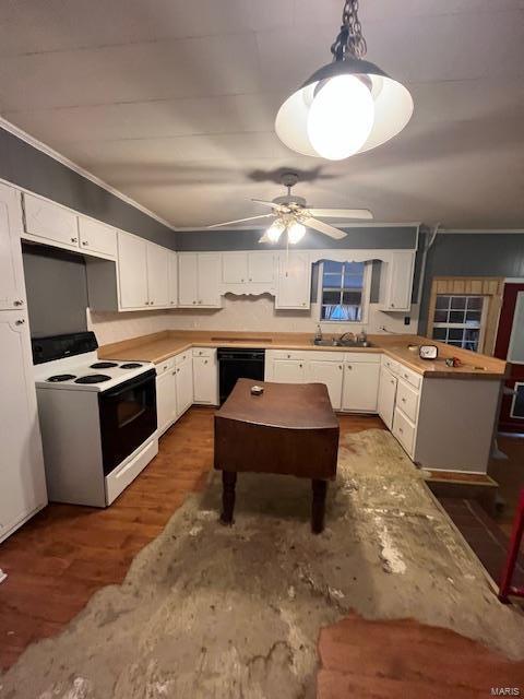 kitchen with decorative light fixtures, black dishwasher, white cabinets, ornamental molding, and electric stove