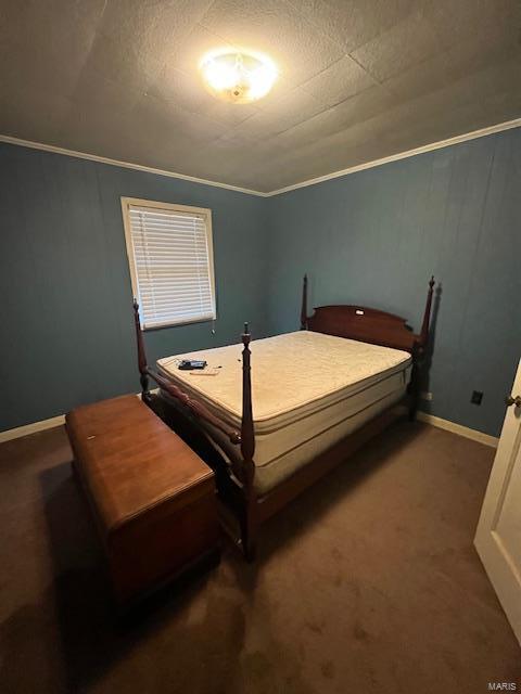 carpeted bedroom with crown molding