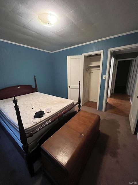 bedroom featuring carpet floors, ornamental molding, and a closet