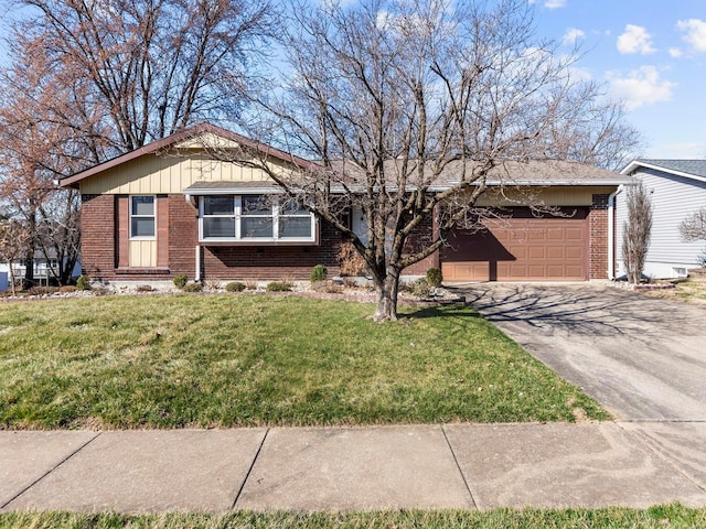 ranch-style house featuring a garage, brick siding, concrete driveway, and a front lawn