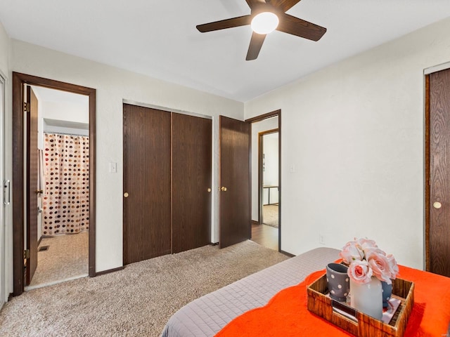 bedroom with carpet flooring and a ceiling fan