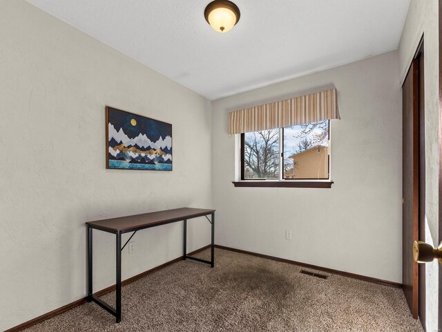 carpeted home office featuring baseboards and visible vents