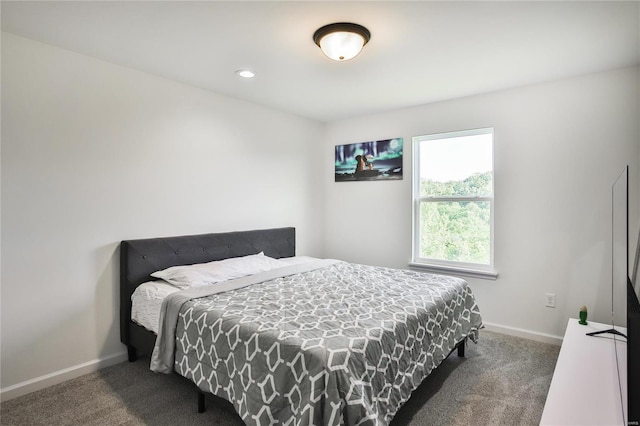 bedroom featuring dark carpet