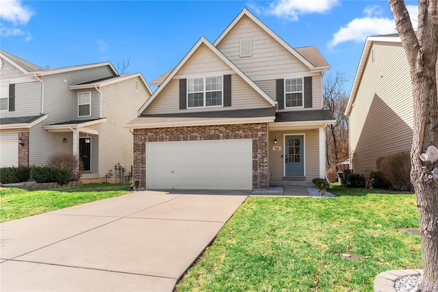 view of front facade featuring concrete driveway, an attached garage, brick siding, and a front yard