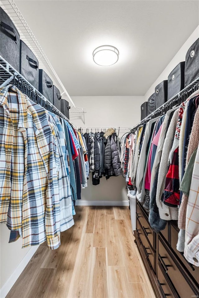 walk in closet with light wood-type flooring