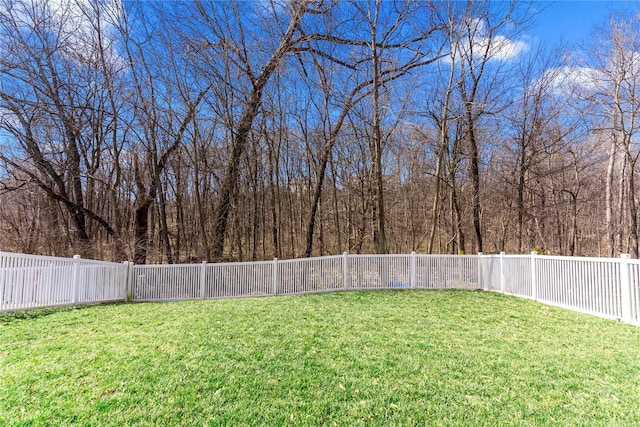 view of yard with a fenced backyard and a wooded view