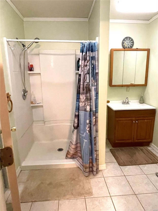 bathroom featuring ornamental molding, vanity, tile patterned flooring, and a shower with curtain