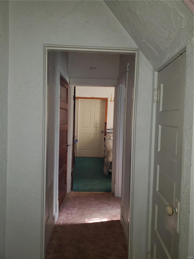 hall with vaulted ceiling, carpet, and a textured ceiling