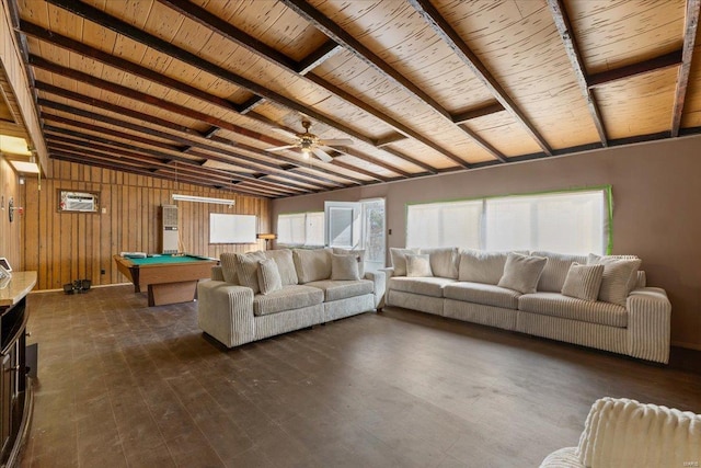 unfurnished living room featuring beamed ceiling, dark wood-type flooring, wood ceiling, and billiards