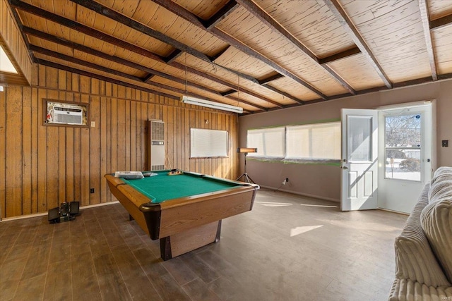 recreation room featuring beamed ceiling, a wall unit AC, wooden ceiling, wood finished floors, and billiards