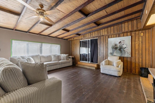 living room featuring lofted ceiling with beams, plenty of natural light, dark wood-style floors, and wooden ceiling