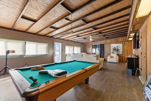 game room with wooden walls, vaulted ceiling with beams, dark wood-style flooring, pool table, and wood ceiling