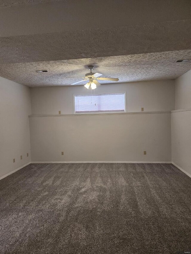 empty room featuring carpet floors, a textured ceiling, and ceiling fan