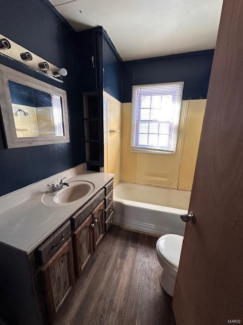 bathroom featuring toilet, wood finished floors, and vanity