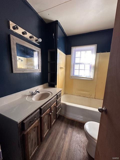 bathroom with vanity, toilet, and wood finished floors