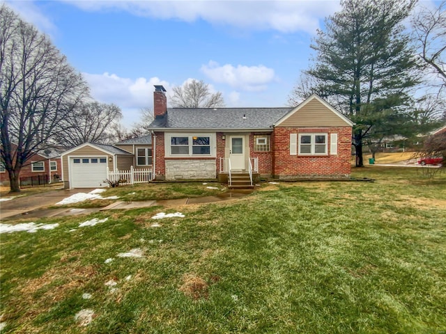 single story home with a front yard, brick siding, and a chimney