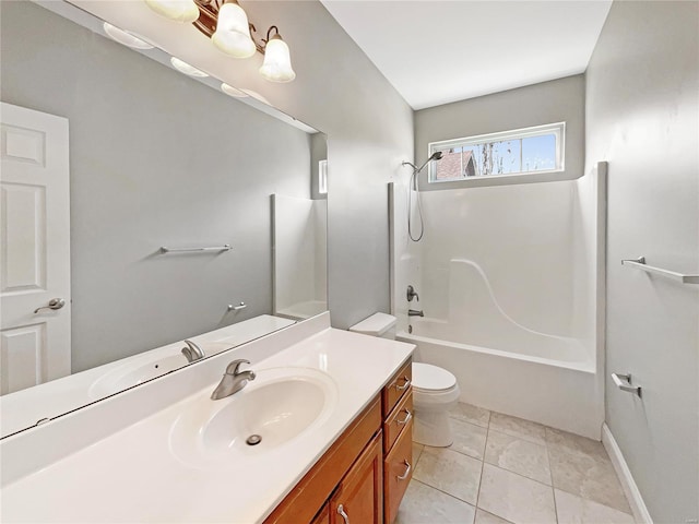 full bathroom with  shower combination, toilet, vanity, and tile patterned floors