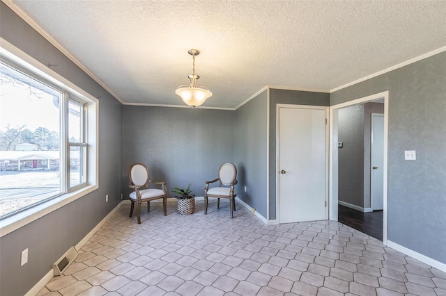 living area with baseboards, a textured ceiling, visible vents, and crown molding