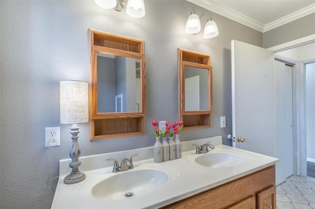 bathroom featuring double vanity, ornamental molding, and a sink