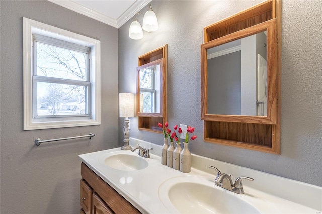 full bath featuring double vanity, crown molding, a sink, and a textured wall